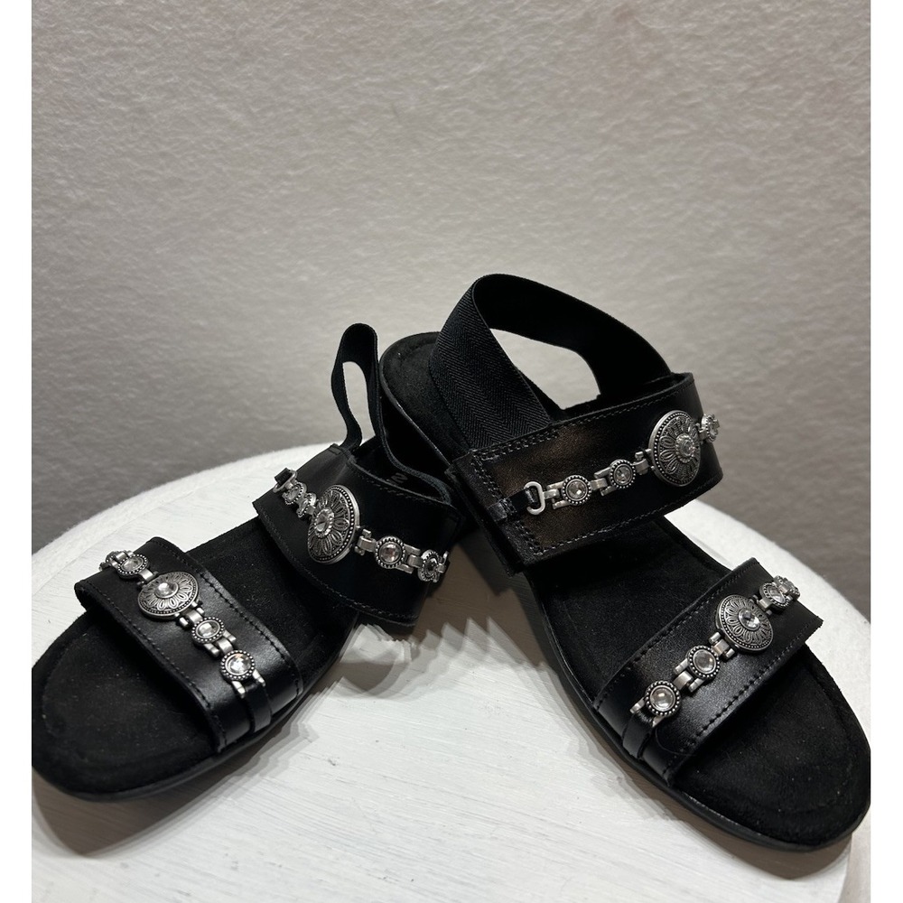 Minnetonka Sandals Women's Size 7M Black Leather Western Slide Crystals Wedge